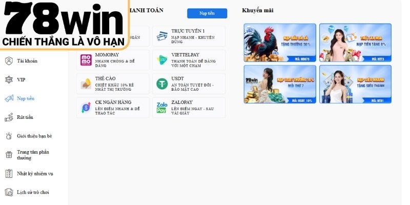 Hướng dẫn nạp tiền 78win chi tiết từng bước